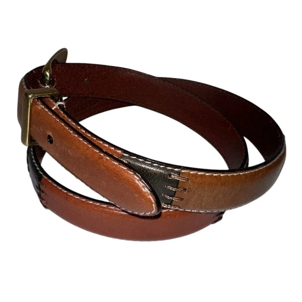 Fossil Belt Stitchwork Patch Work Brown Leather Sz M Boho Festival Western